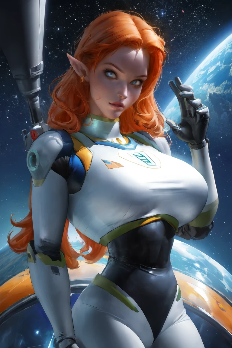 Buzz Lightyear，((masterpiece,best quality)), absurdres, cinematic composition,mira_nova, orange hair, blue skin, looking at viewer, upper body, waving, curvy, pointy ears, space suit,Space, stars, planets,