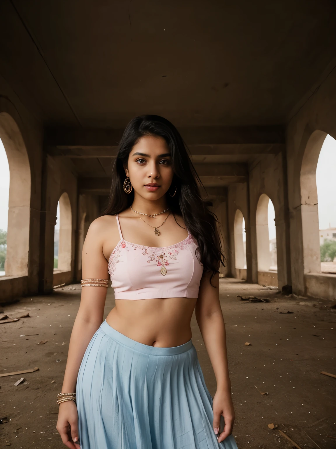 20 year old, Tamil girl, cute face, extremely pale white complexion, full body portrait, pink embroidered choli, designer frilled blue long skirt, bangles, choker, necklace, anklets, eyes symmetry, face symmetry, long brown flowing hair, glossy lips, textured skin, hands on her hips, front view, curvaceous, hourglass figure, round deep navel, bare midriff, inside dark abandoned building, rumbles, frightened expression, HDR, hyper realistic