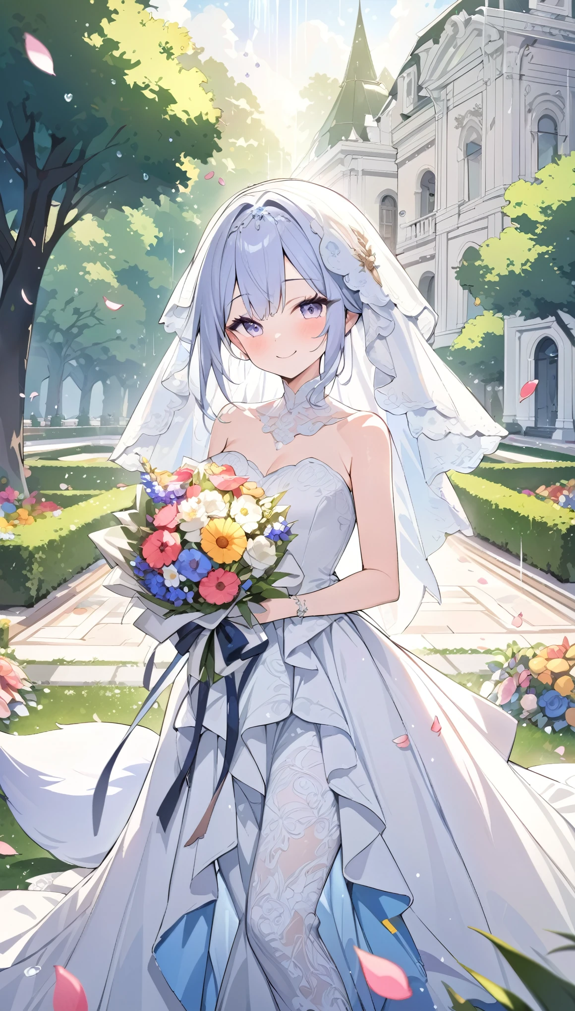 fusion of oil painting and watercolor painting, best quality, super fine, 16k, incredibly absurdres, extremely detailed, delicate and dynamic, beautiful cute white fox fairy, happy smile, lovely wedding dress and veil with frills and lace, bouquet toss, colorful flower petals, white grand piano in the grassy courtyard of Northern Renaissance mansion, season is June, sunlight filtering through the trees, rain showers, sparkling raindrops, various image effects in gentle colors with gold glitter