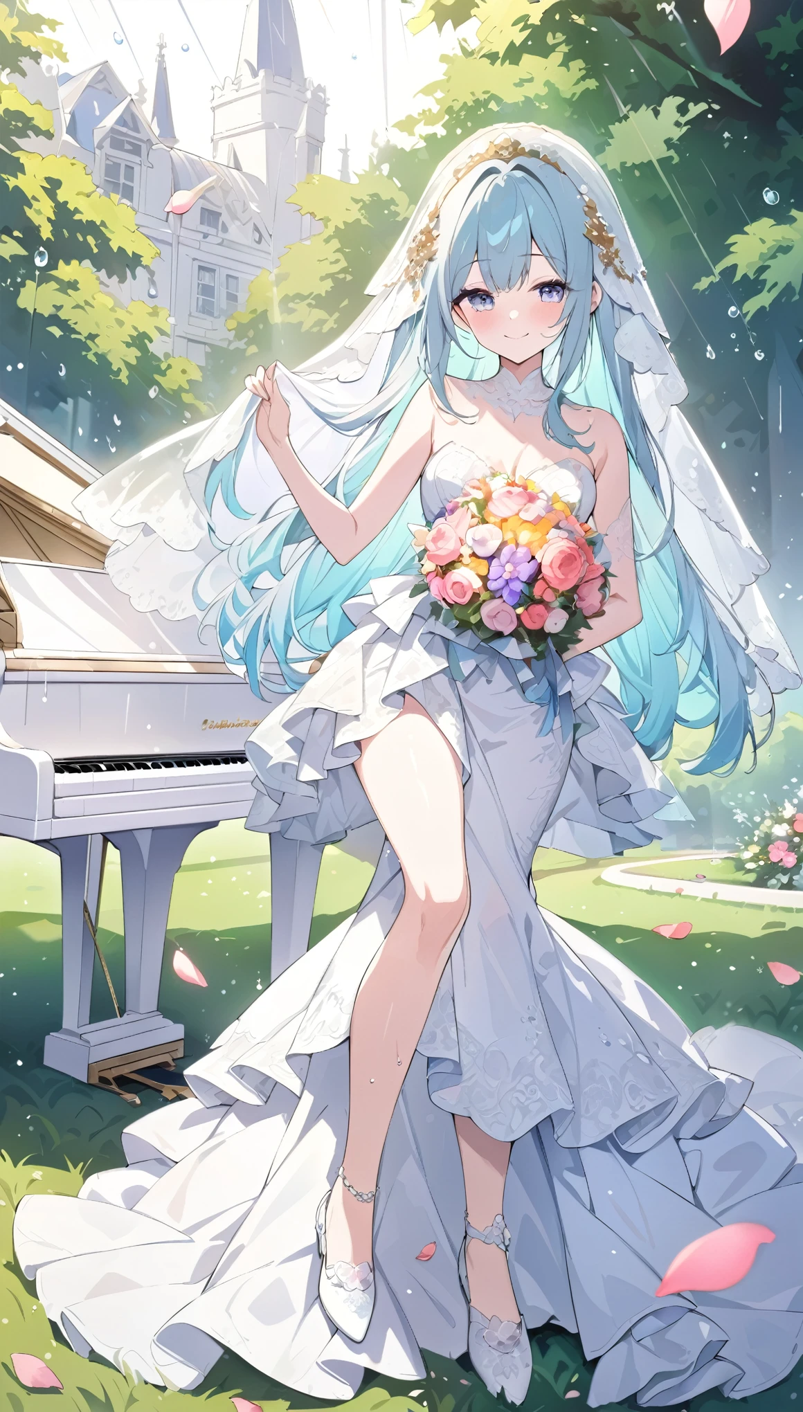 fusion of oil painting and watercolor painting, best quality, super fine, 16k, incredibly absurdres, extremely detailed, delicate and dynamic, beautiful cute white fox fairy, happy smile, lovely wedding dress and veil with frills and lace, bouquet toss, colorful flower petals, white grand piano in the grassy courtyard of Northern Renaissance mansion, season is June, sunlight filtering through the trees, rain showers, sparkling raindrops, various image effects in gentle colors with gold glitter