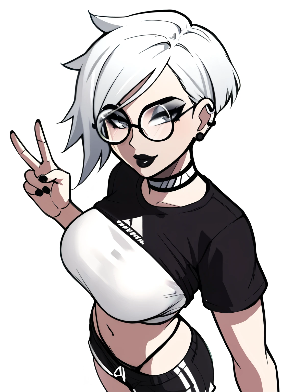 score_9, score_8_up, score_7_up, score_6_up, score_5_up, score_4_up,
BREAK
1girl, white hair, asymmetrical hair, straight hair, short hair, tomboy, grey eyes, thick lips, light smile, long eyelashes, half-closed eyes, black-framed eyewear, round eyewear, black choker, swept bangs, adult, mature, black eyeliner, ear piercing, black lips, grey eyeshadow, looking at viewer,
BREAK
solo, standing, large breasts, adult, skinny, peace sign, from above, wedgie, highleg, arched back, thigh gap, white crop to, black sport shorts, white stripes, patterned clothing, adidas, black thong, floral print choker, goth,
BREAK
(white background:1.2), simple background, dynamic pose, dynamic angle, angled shot, 