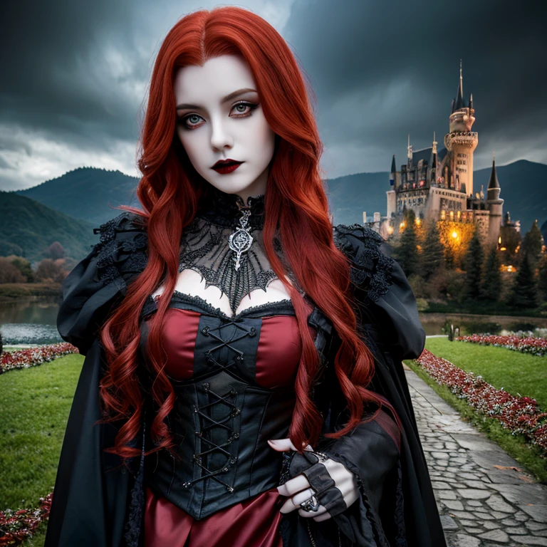 1 female vampire, full body, red hair, hyperrealistic, ultra detailed face and eyes, realistic representation, her clothes are gothic style, you can see a castle