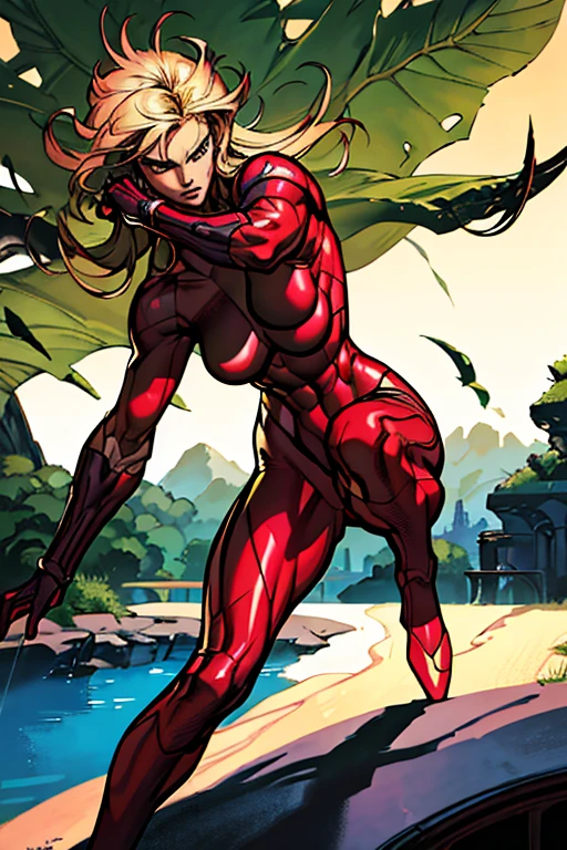 (best quality,4k,8k,highres,masterpiece:1.2), ultra-detailed, (realistic,photorealistic,photo-realistic:1.37), HDR, UHD, studio lighting, extreme detail description, professional, vivid colors, bokeh, women's hero, blonde hair, wears red spandex suit, with no skin showing, has lightning powers, powerful, confident, heroic pose, vibrant background, greenery, dynamic action, intense expression, atmospheric lighting, surreal, bold strokes of paint, intense shadows and highlights, mysterious ambiance, epic scene, and lives in the city