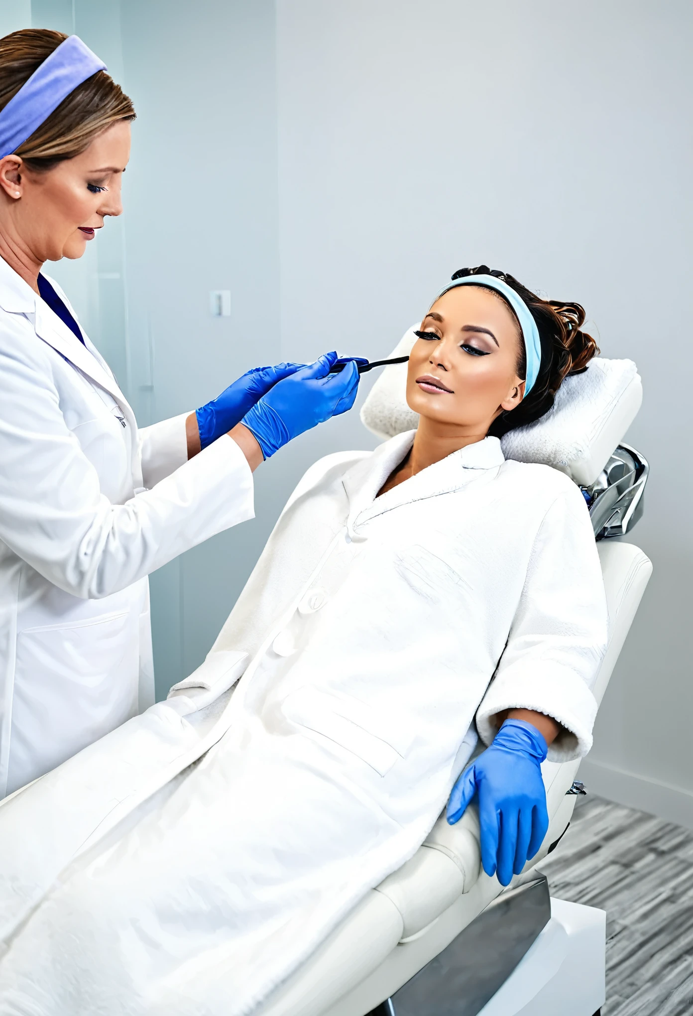 doctor, A professional aesthetician wearing a white lab coat and blue gloves, performing a facial treatment on a reclining client in a modern clinic. The client has a towel wrapped around their body and a headband keeping their hair back. The room is clean and well-lit with medical equipment and skincare products visible in the background