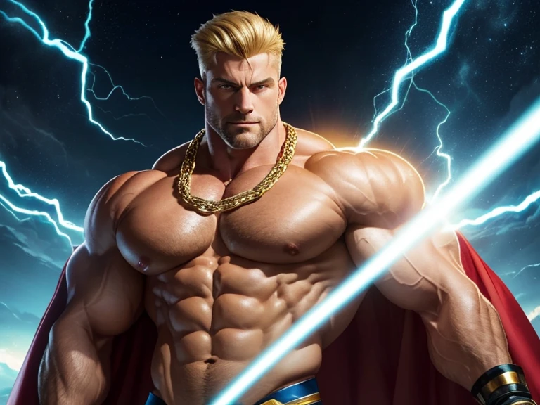 Dressed as the superhero “Mental Mind". a very handsome, sweet and truly massive bare-chested monster Caucasian bodybuilder. Intense 50 year old man. blonde hair, powerfully muscled, massive shoulders and biceps. well-defined six pack and large bulge in his crotch. Thick gold chain necklace, cape. Eyes glowing bright blue with psychic energy, with a halo of crackling psychic energy around his head