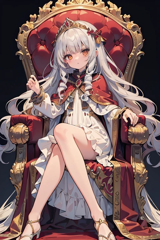 masterpiece, highest quality, Very detailed, 16k, Ultra-high resolution, Perfect Fingers, Detailed face, 14-year-old girl, Golden Eyes, Silver Hair, Long Hair, Curly Hair, Troubled face, Crimson classic dress, Luxurious clothes, shawl, Cape, Super long skirt, A gorgeous tiara on her head, royal palace, Sitting on the throne