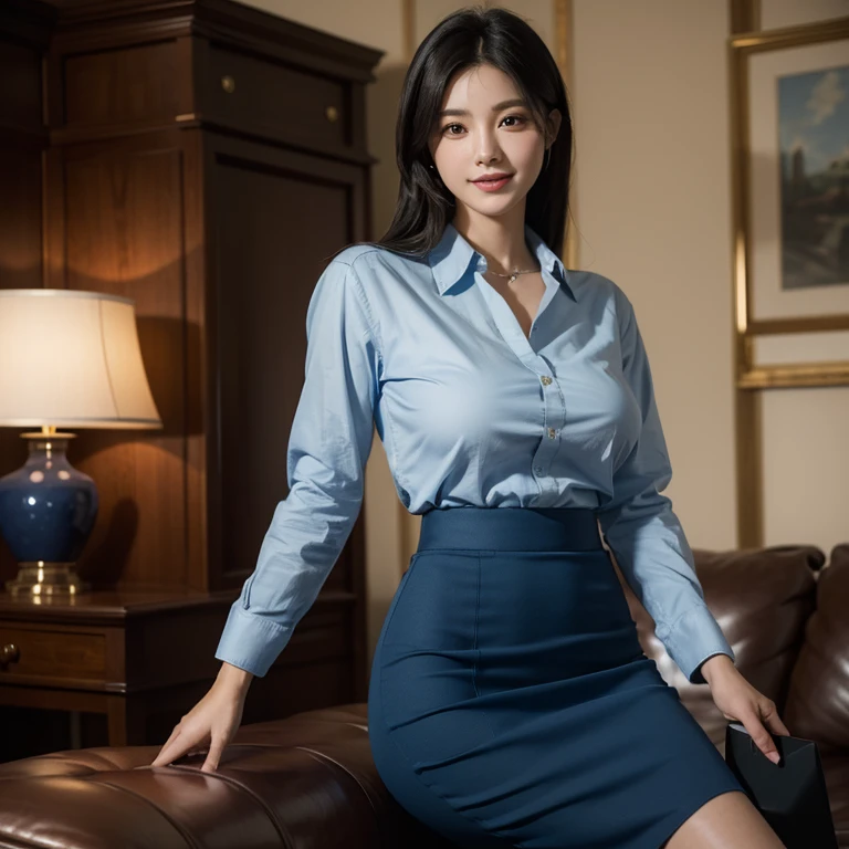 (8K,RAW Photos,highest quality,masterpiece:1.5),(Watching the audience:1.5),(Mature Woman:1.5),smile,(Black Hair),(live-action:1.5),(Realistic expression:1.5),(Big Breasts:1.5),(Narrow waist:1.5),(Thin and beautiful legs:1.5),(Slender:1.4),Showing beautiful teeth,(One Japanese woman:1.6),(Relaxing in the living room:1.5),(Close all the buttons on your blouse:1.5),(Nobody background:1.5),(Poor exposure:1.5),(Woman in her 50s:1.5),(Her panties are visible through the gap in her skirt:1.5),(There are some wrinkles around the eyes:1.3)