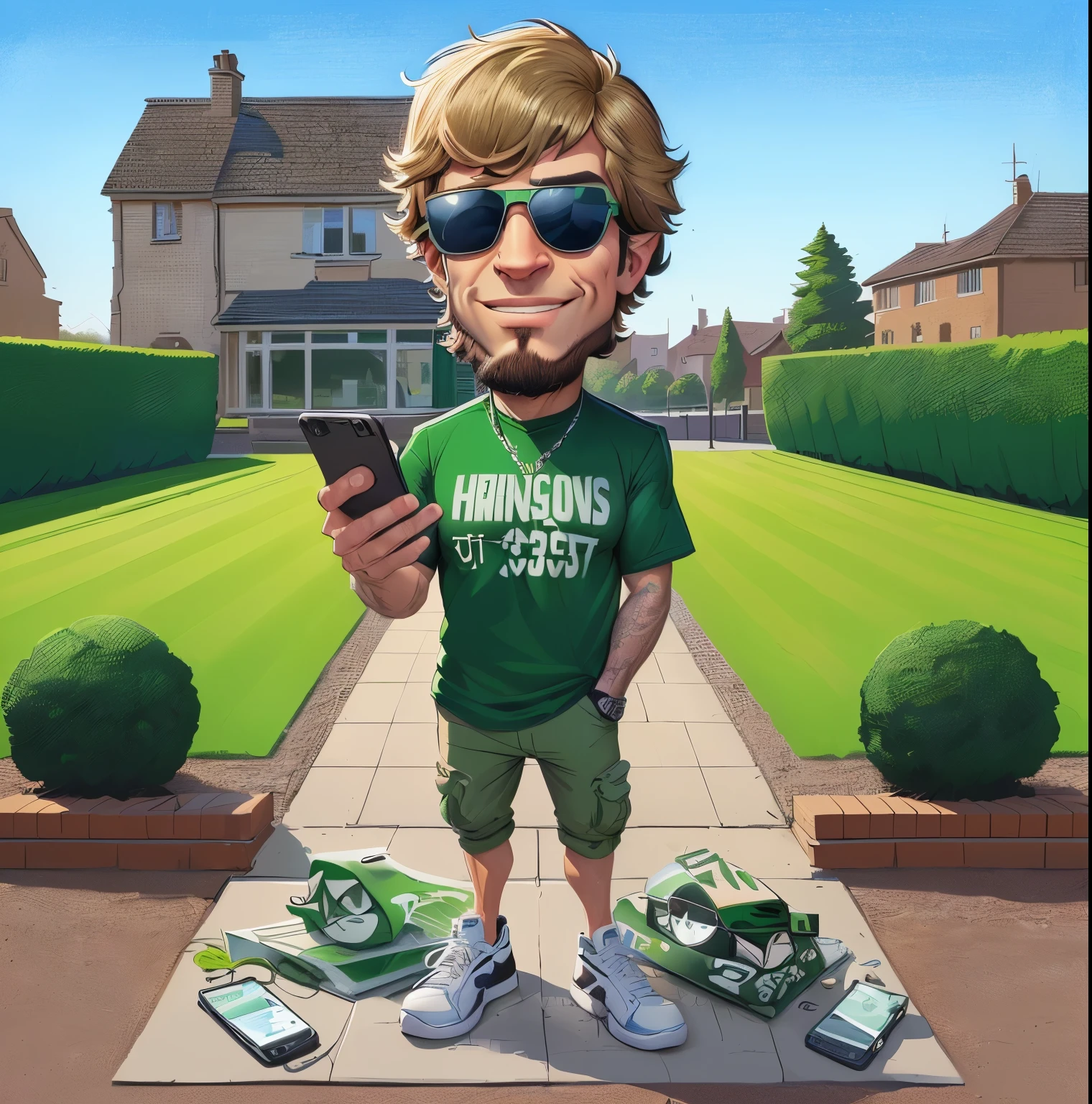 cartoon of a man with sunglasses and a green shirt holding a cell phone, caricature illustration, higher detailed illustration, detailed illustration, illustration detailed, caricature style, in cartoon style, humorous illustration, khabib, caricature, 4 2 0 0 k, cartoon style illustration, rob mcnaughton, illustrative, detailed 2d illustration, commission for, by Steve Prescott, fanart