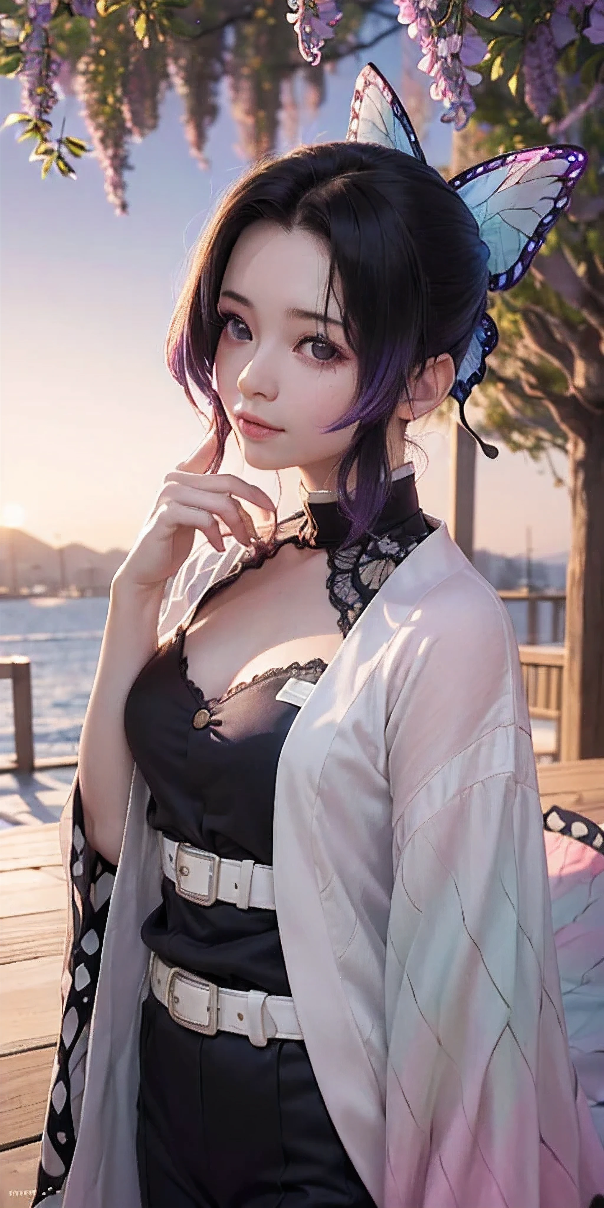 Ultra-realistic 8k CG,masterpiece,((ultra-detailed background, delicate pattern, intricate details)),best quality,very detailed face,extremely detailed eyes and face,extremely detailed eyes,kochou shinobu,multicolored hair,no bangs,hair intakes,purple eyes,forehead,black shirt,black pants,haori,butterfly,buttons,belt,(Garden:1.2),purple flower,chibi,cloudy sky,sunlight,Tindal effect,gradient_sky,face,Gorgeous sky,Waist Sabre,Charming posture,