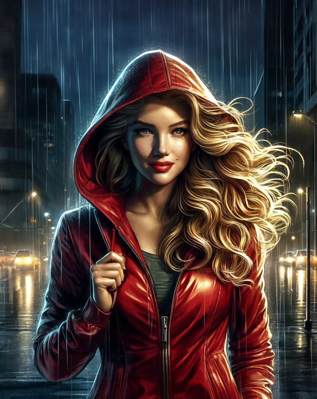 A picture of a modern brave and smart beautiful golden haired woman [Marilyn Monroe:Mause Adams:0.45] wears red jacket with hood walks in torrential rain confidently at the city sidewalk, bustling city with traffic jam when raining, with positive smirk, radiating her beauty in smart style, ultra sharp and crisp picture, a photo realistic illustration in Don Lawrence style, Studio Ghibli aesthetic, octane render