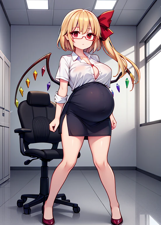 (Full body, glasses), An image of a pregnant girl using an office uniform, her shirt is really thight and lets her belly and breasts exposed, Flandre scarlet