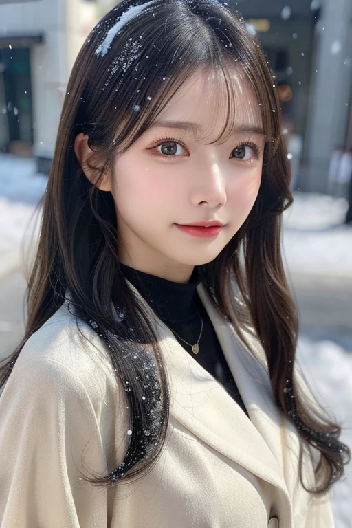 Camel mohair coat、(Falling snow:1.2)、、(top-quality,masterpiece:1.3,超A high resolution,),(ultra-detailliert,Caustics),(Photorealsitic:1.4,RAW shooting,)Ultra-realistic capture,A highly detailed,high-definition16Kfor human skin、 Skin texture is natural、、The skin looks healthy with an even tone、 Use natural light and color,One Woman,japanes,,kawaii,A dark-haired,Middle hair,(depth of fields、chromatic abberation、、Wide range of lighting、Natural Shading、)、Twin tail hairstyle、rain station Tokyo Station