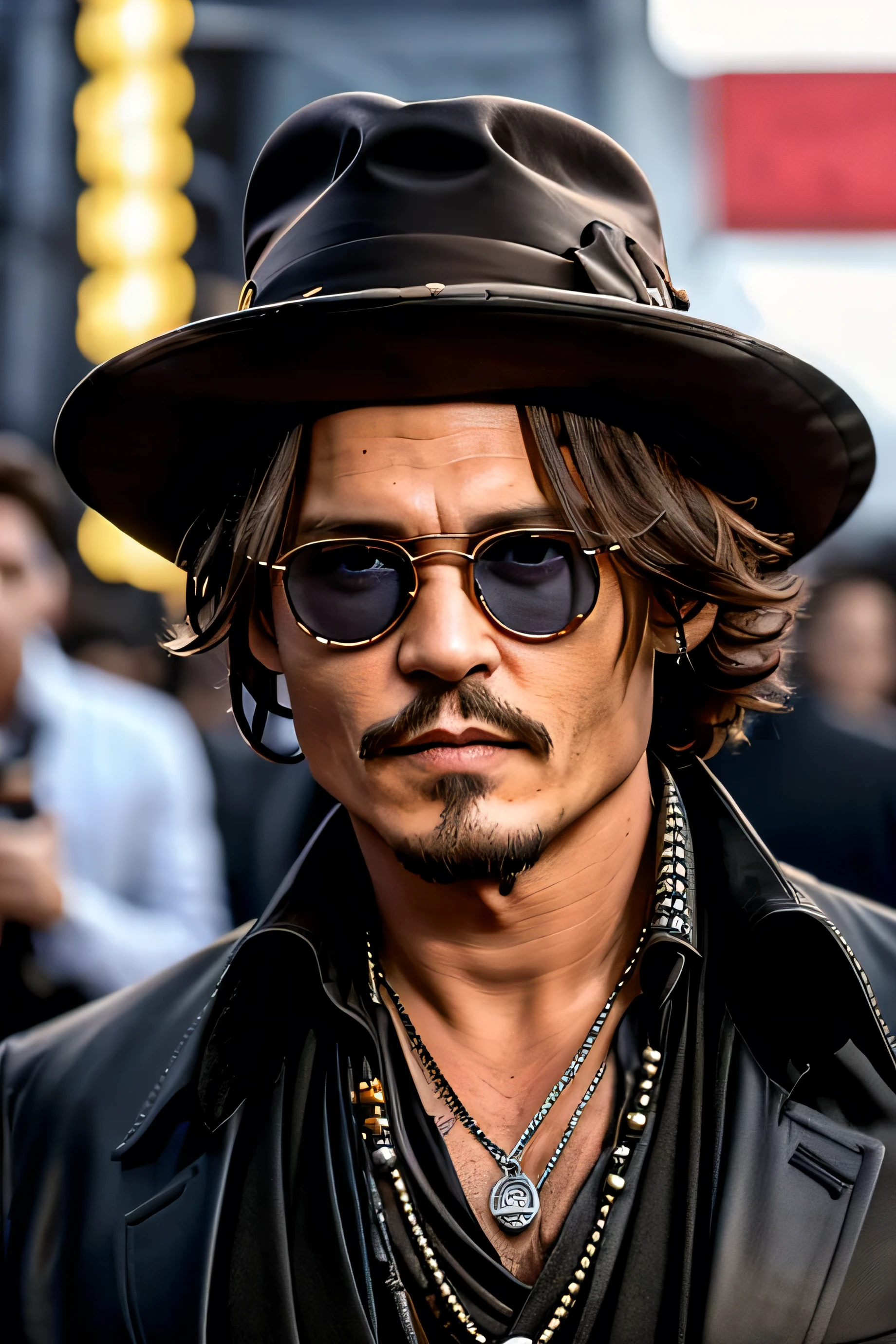 Actor Johnny Depp, facing the audience, half body shot, detailed background, detailed representation of the face, detailed eyes, best image, high quality, high resolution, best picture, best quality, random pose, full body portrait, full body shot, hands in his pocket