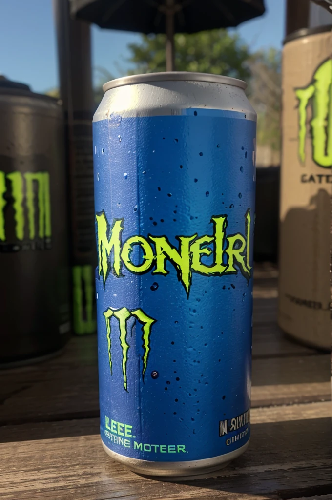 Can of monster energy drink with guarana and blue berry flavor