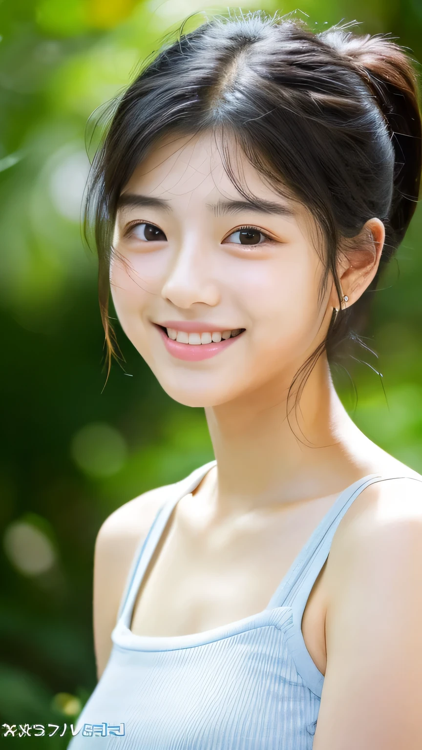 masterpiece　High resolution　Female student　Delicate face　Thick eyebrows　Deep-set eyelids　very cute　natural atmosphere　A clear smile　Fresh breeze　boyish　　Shortcuts　Dimples　Mole　Tanuki face　Tank top　Plump　Put your ear to the ground　Listen to the sounds　