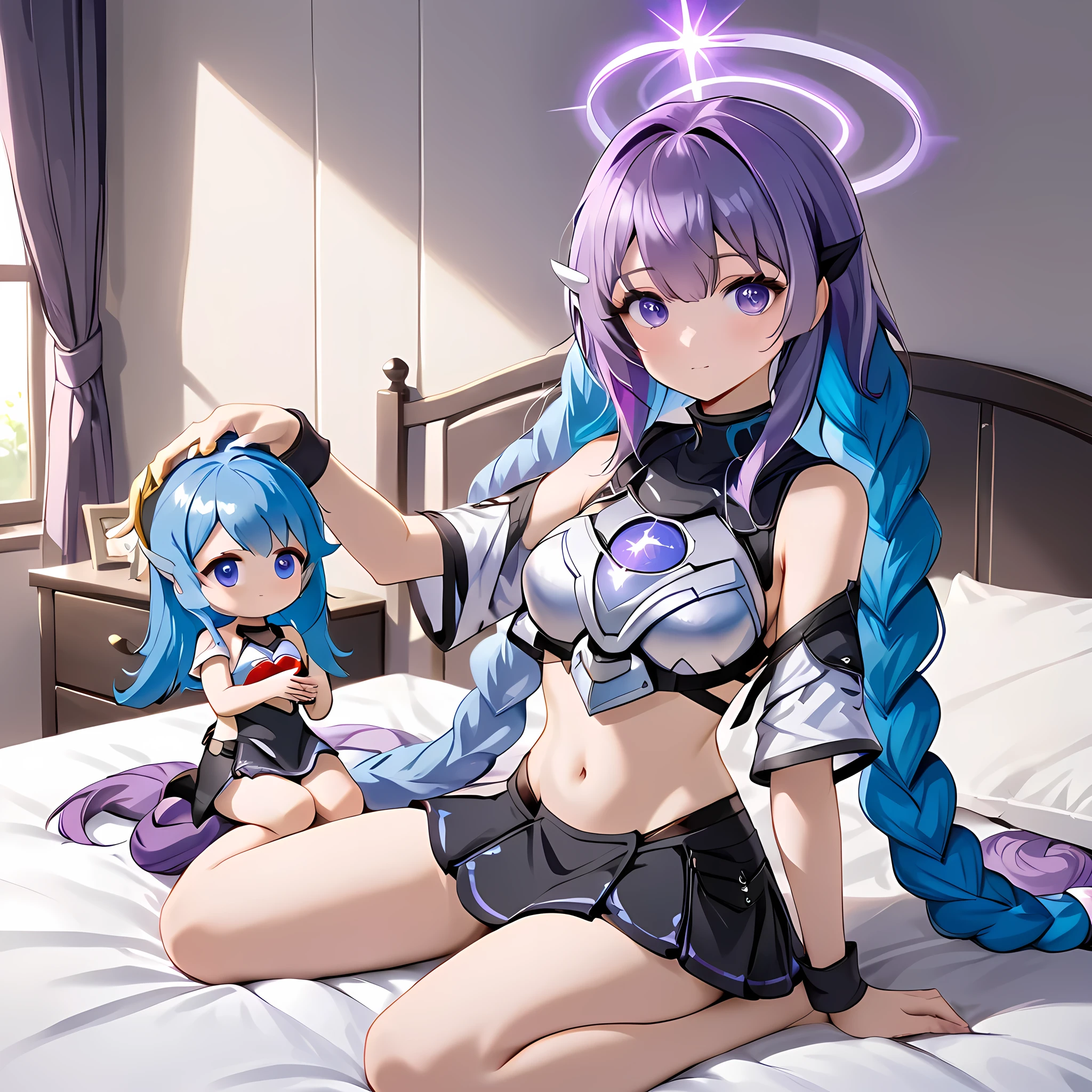 A purple hair,Bikini Armor,skirt,There is a circular halo on the chest,Holding a doll with blue hair,Sitting on the bed