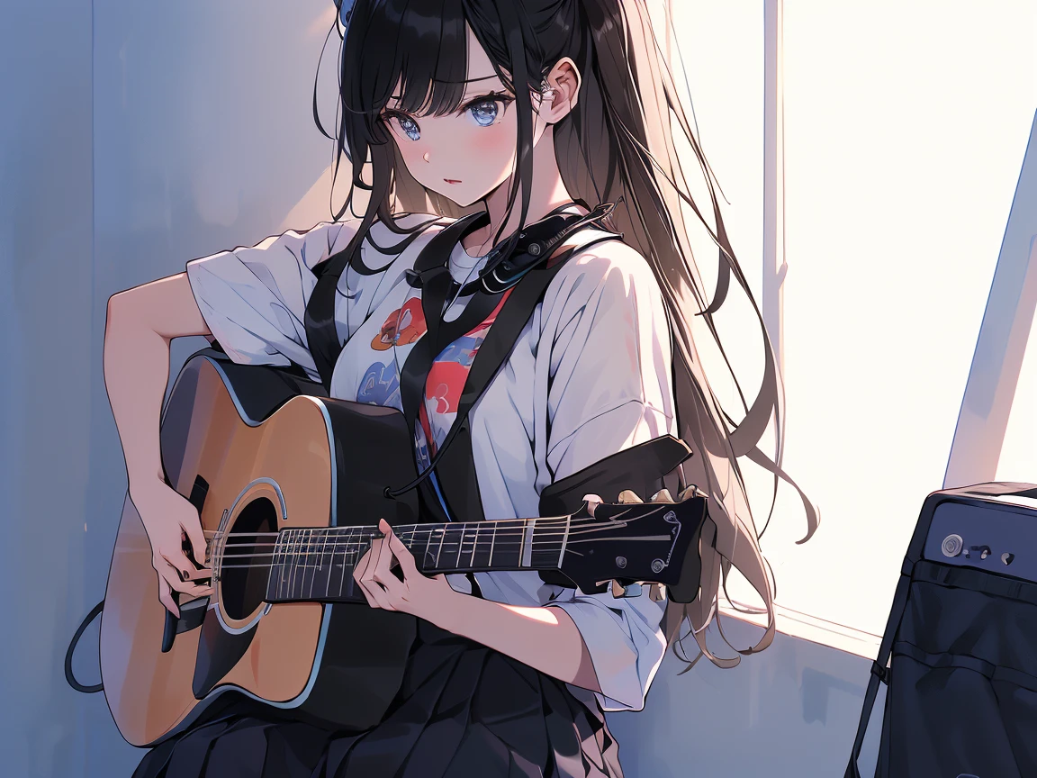 ((masterpiece,best quality)),1girl, solo, black skirt, blue eyes, electric guitar, guitar, headphones, holding, holding plectrum, instrument, long straight hairs, music, one side up, black hair, playing guiter, pleated skirt, black shirt, indoors ,(adult),bangs,(straight on:1.5)