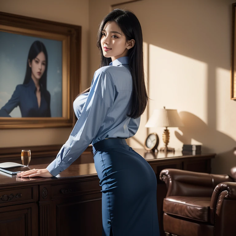  masterpiece, best quality, (photorealistic:1.4), full body, (blue luxury long button upp shirt :1.1), (blue luxury pencil skirt:1.2) living room, cinematic light, beautiful woman, skinny, huge breasts, black straight hair, detailed face, smile, standup, round huge ass, back side view, back side photo taken from a distance