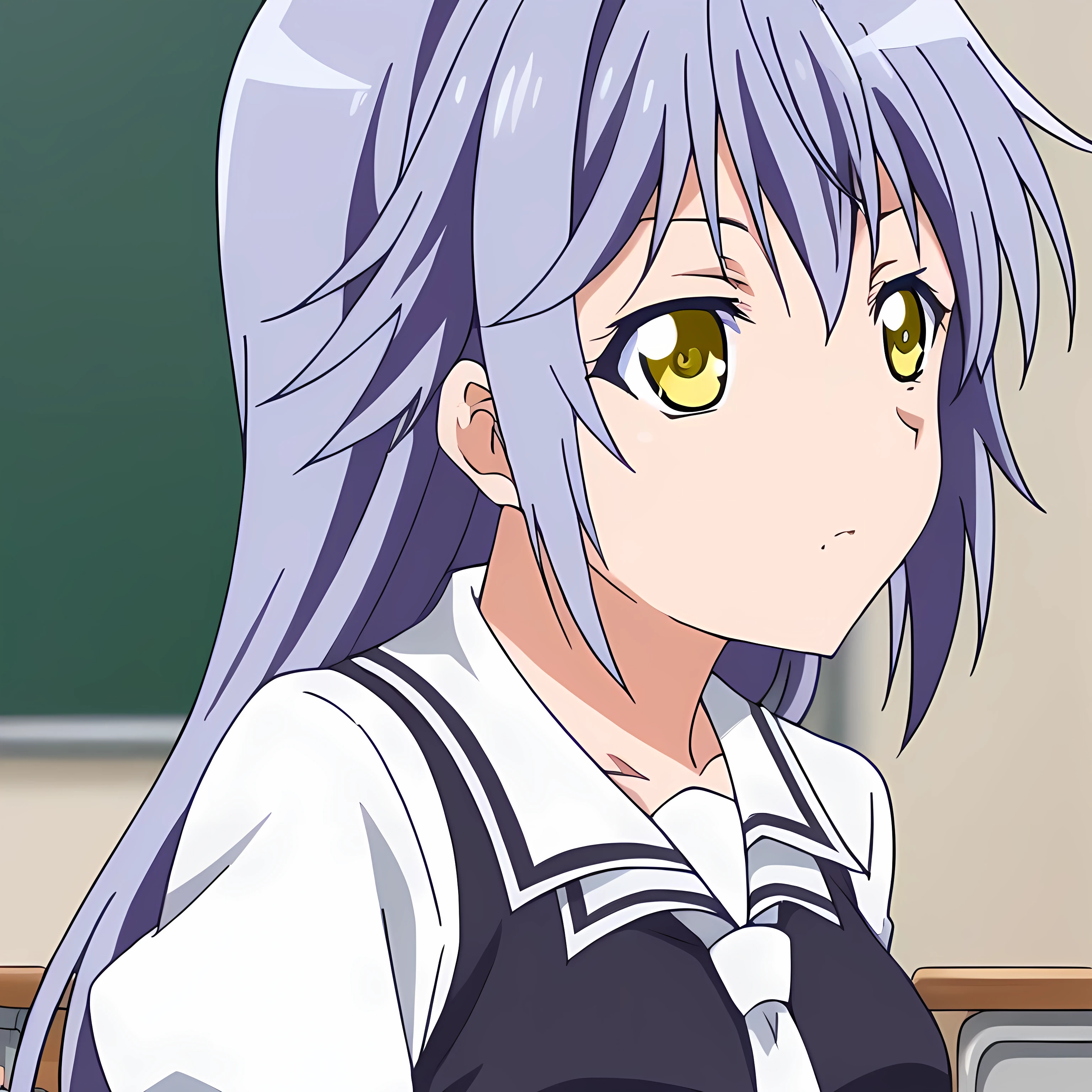  source_anime, long hair, yellow eyes, purple hair,
indoors, classroom,
solo icon 