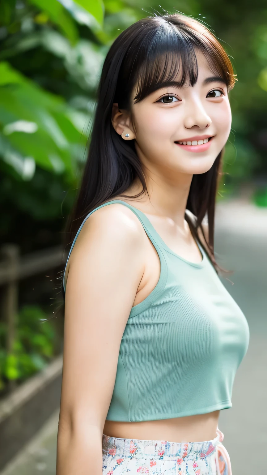 masterpiece High resolution Female student Delicate face Thick eyebrows Deep-set eyelids very cute natural atmosphere A clear smile Fresh breeze boyish 15 years old Shortcuts Dimples Mole Tanuki face Tank top Plump Put your ear to the ground Listen to the sounds