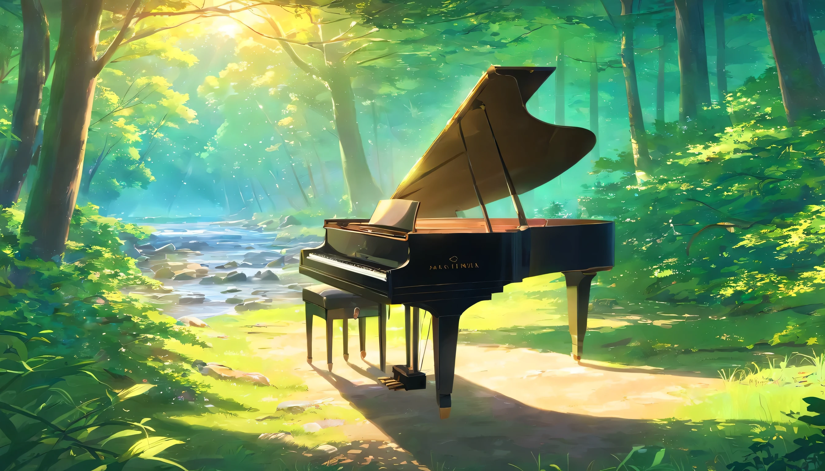 A piano in the middle of the woods near a river,A tree that has turned from fresh green to blue々A grand piano surrounded by、The sun glitters through the trees、A small stream flows