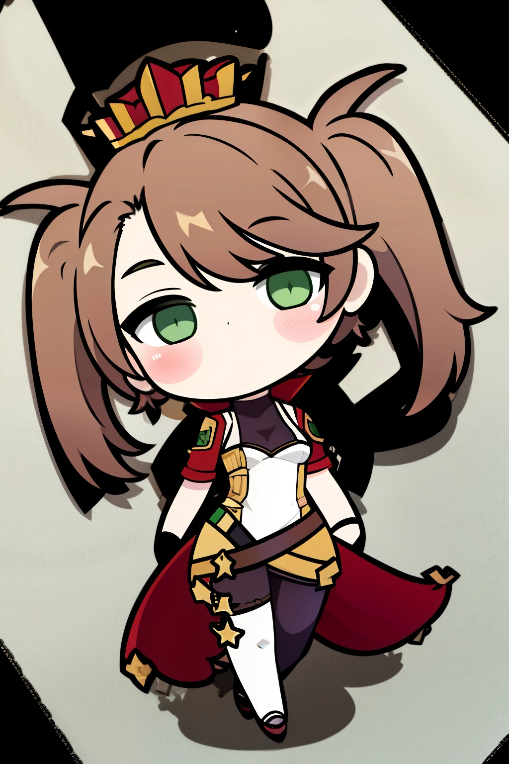 woman, brown hair, medium hair, medium chest, green eyes, twintails, white shirt, red sleeves, asymmetrical legwear, cape, crown, chains, QiqiFallen, chibi, on back