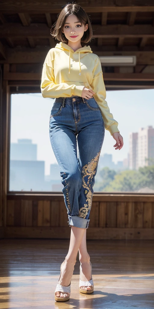 original photo, Bokeh, (Lifelike face), Smile, Top image quality, high resolution, High contrast, best quality, 8K, HDR, (photoPractical:1.55), Young Asian Girl, (1 Girl:1.4), Slim body, Perfect face, cool face, (Beautiful leg lines:1.3), Thin waist,, High Leg Raise, ((Harlem pants)), (hoodie), Red lips, looking at the audience, From below, Full body portrait, (Golden Ratio Graphics), Practical, photoPractical, Award-winning illustrations, (Intricate details:1.3), (Fine details) (Intricate details),(light, best quality Backlights), Clear boundaries, Clear focus, Extremely detailed, High resolution, Very detailed, extremely delicate and beautiful, Professional lighting, Dynamic Lighting, Glow on the face, Depth of Field, Solo Focus, cowboy, charm十足, charm.

