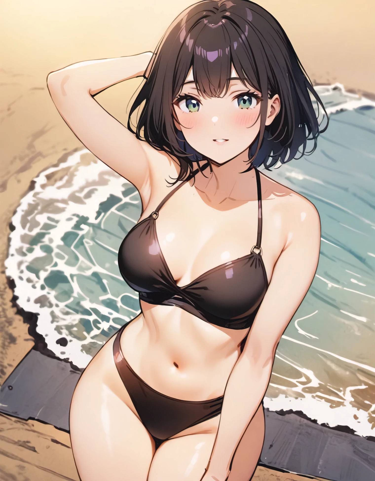 anime girl in a bikini standing on the beach with her hands on her hips, seductive anime girl, realistic bikini, attractive anime girl, beautiful alluring anime woman, beautiful alluring anime teen, is wearing a swimsuit, swimsuit, at a beach, ecchi anime style, at the beach, in a bikini, smooth anime cg art, anime visual of a cute girl