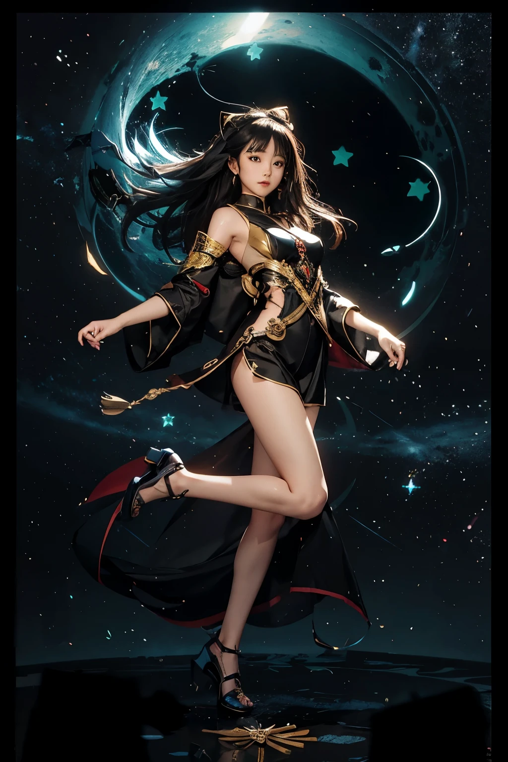 full body asian girl flying event "zodiac reader" costume black , background sky full of stars