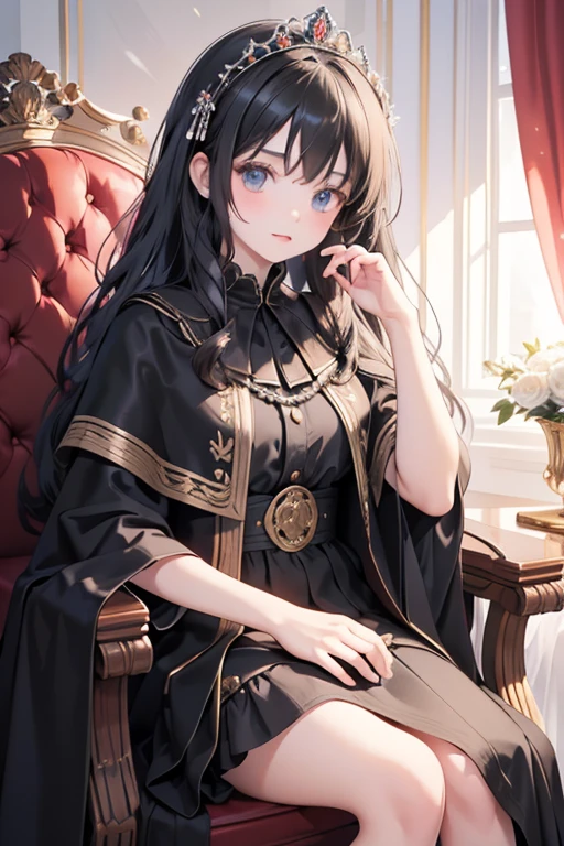 masterpiece, highest quality, Very detailed, 16k, Ultra-high resolution, Perfect Fingers, Detailed face, -yeld gi black eye, Black Hair, Long Hair, Curly Hair, Troubled face, Crimson classic dress, Luxurious clothes, shawl, Cape, Super long skirt, A gorgeous tiara on her head, royal palace, Sitting on the throne