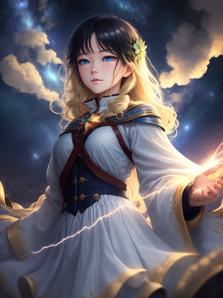 Astralia Awakening of the Elements, Strong and brave man, black hair, Glowing eyes. Beautiful and talented woman, blonde, ling blue eyes. Starlight、Starry sky background with floating islands