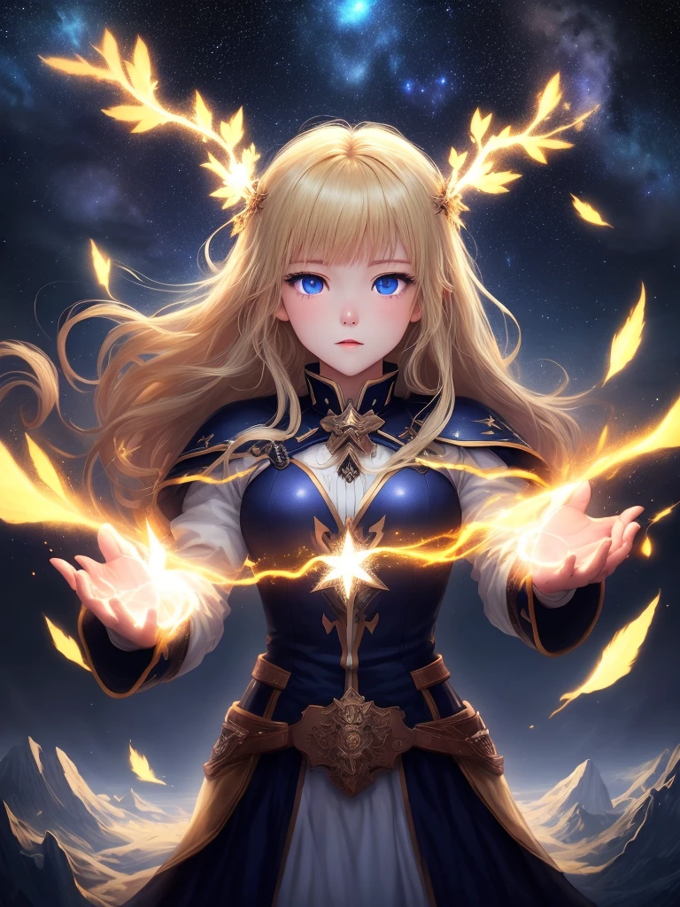 Astralia Awakening of the Elements, Strong and brave man, black hair, Glowing eyes. Beautiful and talented woman, blonde, Twinkling blue eyes. Starlight、Starry sky background with floating islands