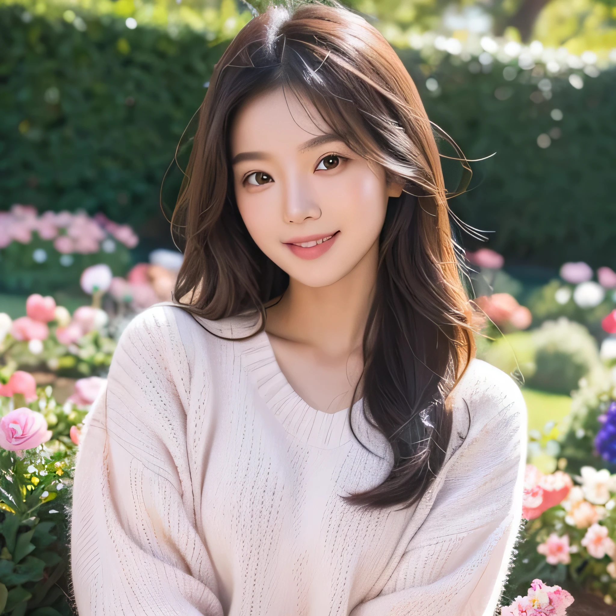 Asian girl, 1girl, sexy, cute, smile, white skin, long hair, brown hair, pink sweater, blue jeans, garden, flower