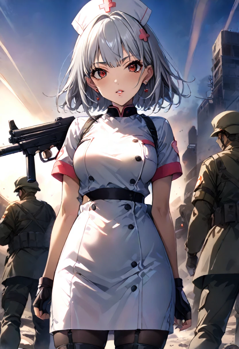 masterpiece、highest quality、Ultra-high resolution、Maximum resolution、Very detailed、Professional Lighting、anime、Adult female、thin、so beautiful、、Nurse uniform、Has a submachine gun、Red Eye、Silver Hair、Short Hair、Earrings、Fingerless Gloves、Beautiful eyes、Gloss Lip、Tactical Boots、Equipped with transparent orange shooting glasses、Equipped with a chest rig、Standing alone on the battlefield、Sanitary Corps