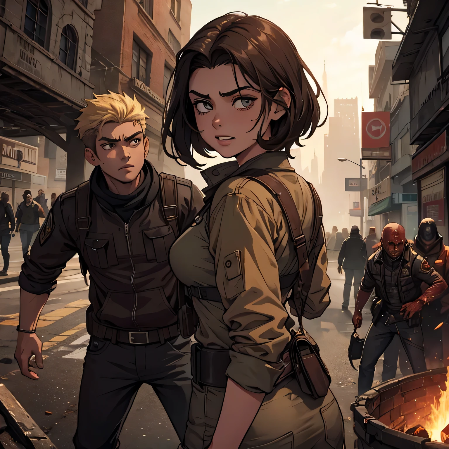 a 17-year-old boy, salvando a una hermosa mujer del ataque zombie en la ciudad destruida por el apocalipsis zombie.