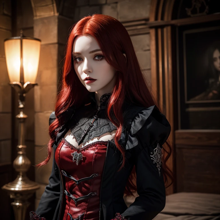 1 female vampire, full body, red hair, hyperrealistic, ultra detailed face and eyes, realistic representation, her clothes are gothic style, you can see a castle