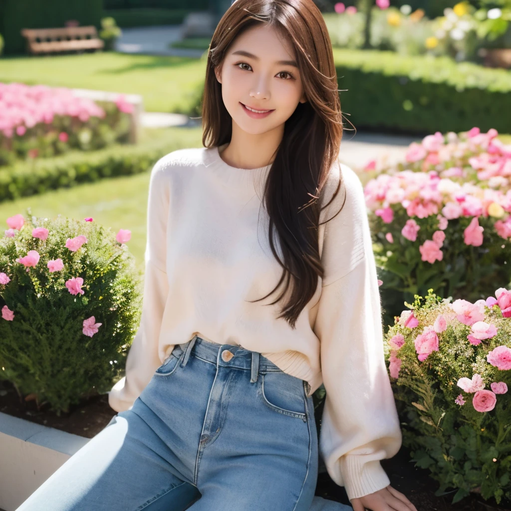 Asian girl, 1girl, sexy, cute, smile, white skin, long hair, brown hair, pink sweater, blue jeans, garden, flower