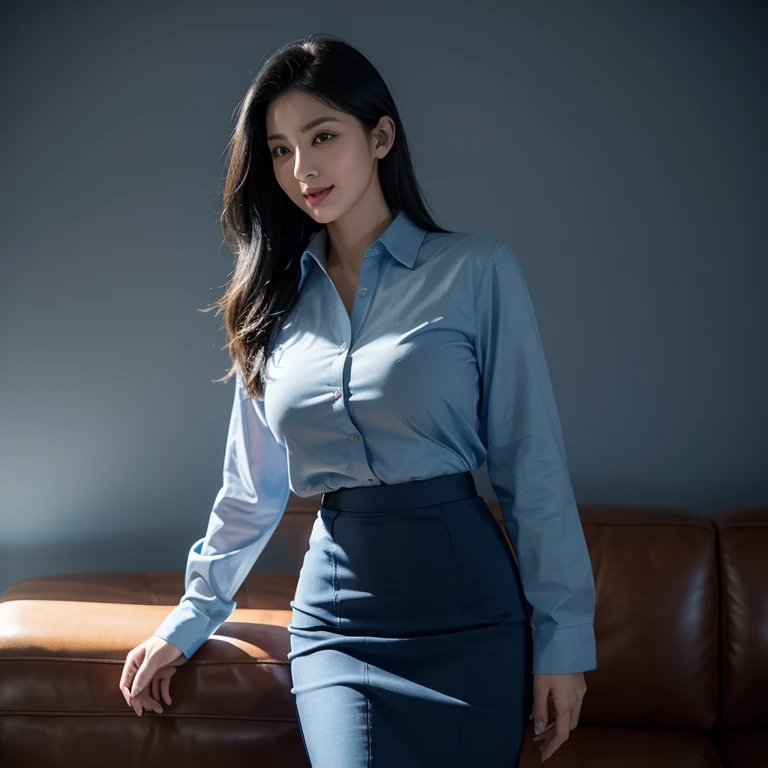  masterpiece, best quality, (photorealistic:1.4), full body, (blue luxury long button up shirt :1.1), (blue luxury pencil skirt:1.2) living room, cinematic light, beautiful woman, skinny, huge breasts, black straight hair, detailed face, smile, side view, side, standup, photo taken from a distance