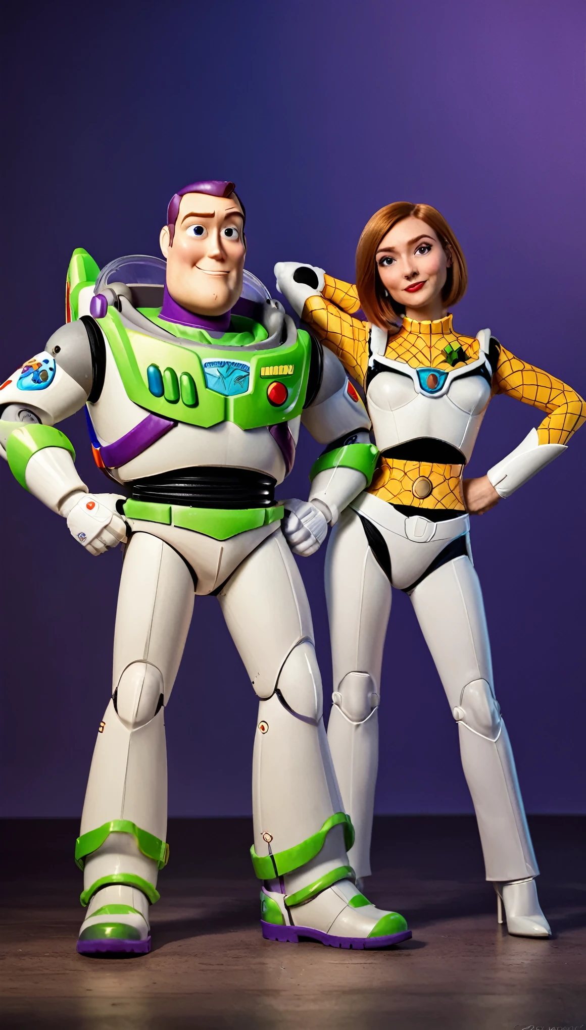 Couple Photo, fullbody, full body,A group photo of Woody and (Buzz Lightyear), capturing high-definition details, realistic color expression, delicate transitions of light and shadow effects, sharp and clear focus areas, natural and realistic environmental lighting, prominent texture of different materials, and distinct depth of field effects, ultimately presenting a realistic photo style painting, (masterpiece, best quality:1.2),8K, extremly detailed