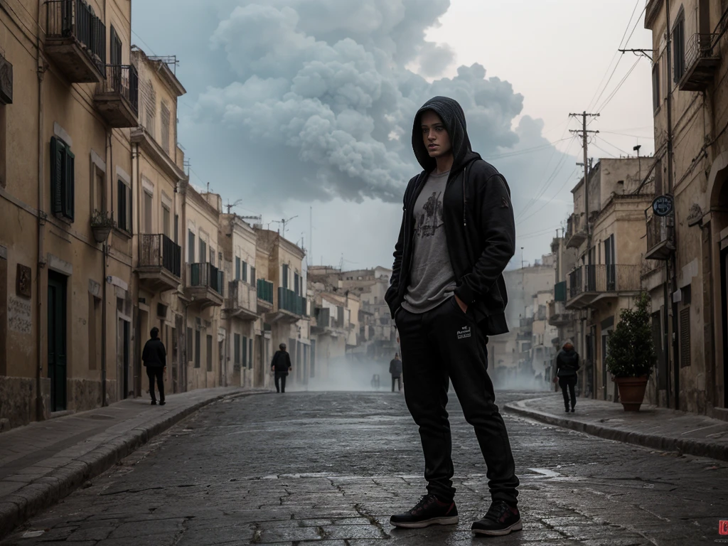 Sassi di Matera, Italy. sassi_di_matera. Outdoor in streets of Matera. The character is surrounded by mist, evoking a mysterious and eerie atmosphere. The lighting is dark and atmospheric, with a red smoke adding a touch of sinister ambiance. The image is of the best quality, with a resolution of 4k and HDR enhancement, showcasing the utmost level of detail and realism, nsfw, full body shot. [[YES SFW]], photorealistic man wearing a black hoodie is waiting for the Apocalypse.