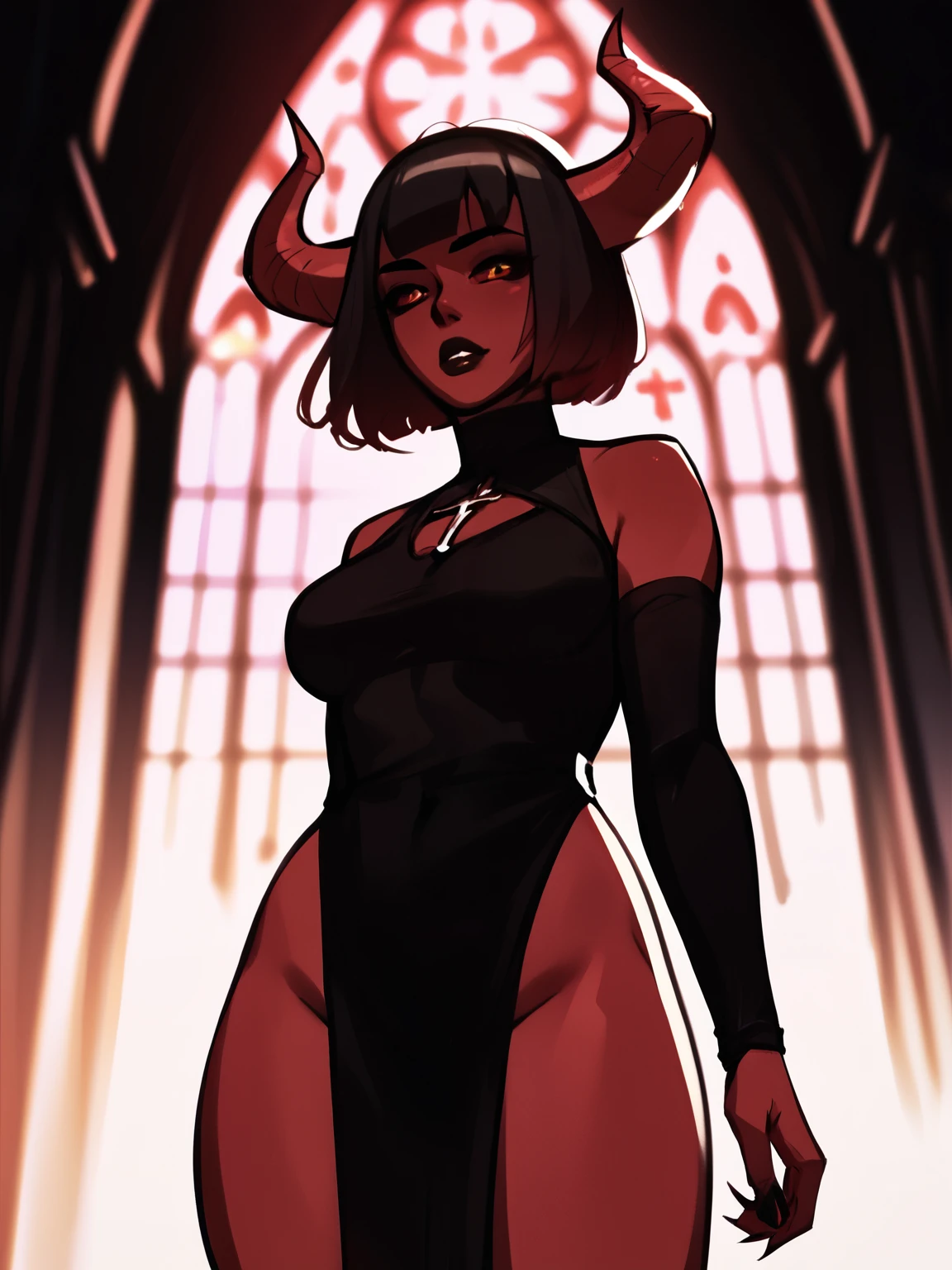 score_9, score_8_up,score_7_up, score_6_up, score_5_up, score_4_up, demon woman standing in dark gothic church, red skin, horns, black sclera, bob cut
