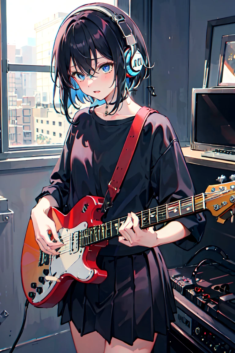 ((masterpiece,best quality)),1girl, solo, black skirt, blue eyes, electric guitar, guitar, headphones, holding, holding plectrum, instrument, long straight hairs, music, one side up, black hair, playing guiter, pleated skirt, black shirt, indoors ,(adult),bangs,(straight on:1.5)