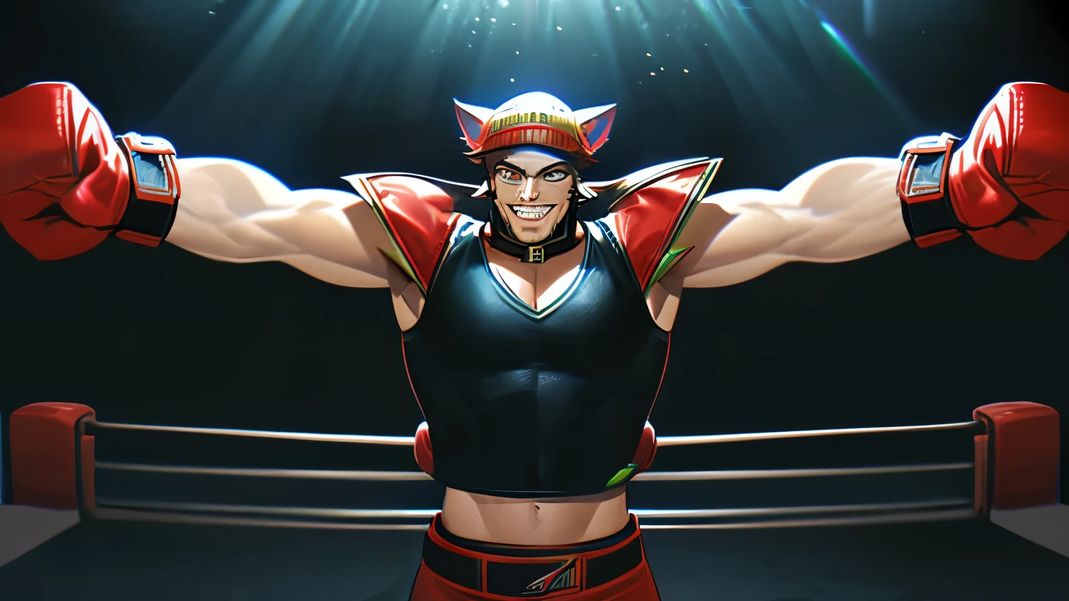 front view, must see abs , open vestedsplash art league of legends style male sett heartsteel, muscular man leather vest with cur collar, red short hair with beanie and cat ears, street wear figerless leather gloves, main colors are black and yellow, alot of straps, open arms in a boxing ring, looking up like just won a fight smiling