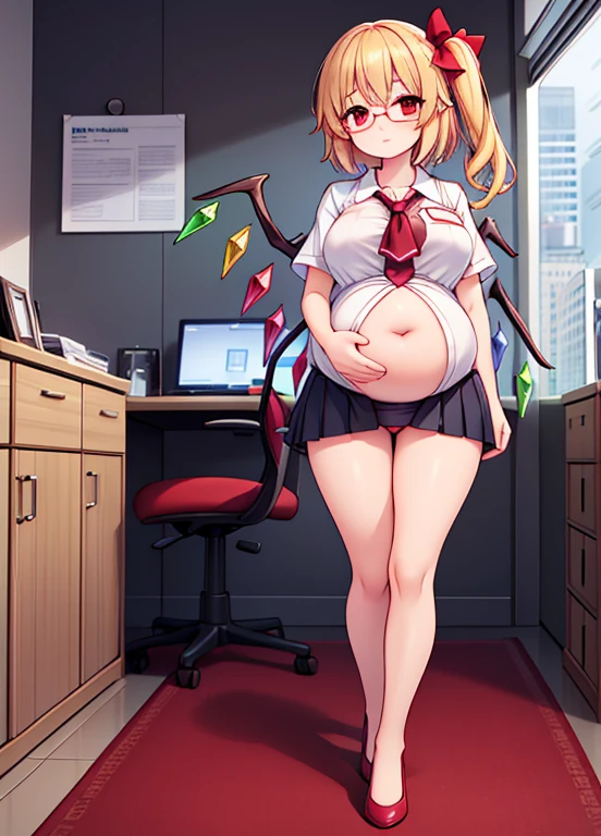 (Full body, glasses), An image of a pregnant girl using an office uniform, her shirt is really thight and lets her belly and exposed and her skirt is so short it leaves her underwear uncovered, Flandre scarlet