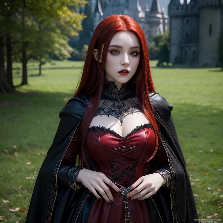 1 female vampire, full body, red hair, hyperrealistic, ultra detailed face and eyes, realistic representation, her clothes are gothic style, you can see a castle