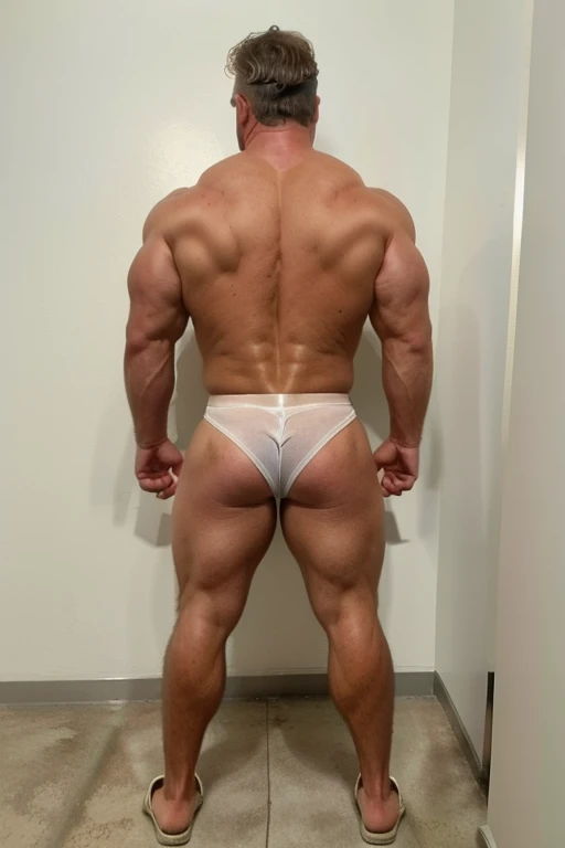 age 45, white man police detective with a mature, backside, kind demeanor, strong and muscular yet chubby build, mustache, wearing detective badge on belt, giving off a hint of a horny yet disgusting aura, completing the look with comfortable loafers. ((Full body)) Shirtless backside ((big butt)) jockstrap 