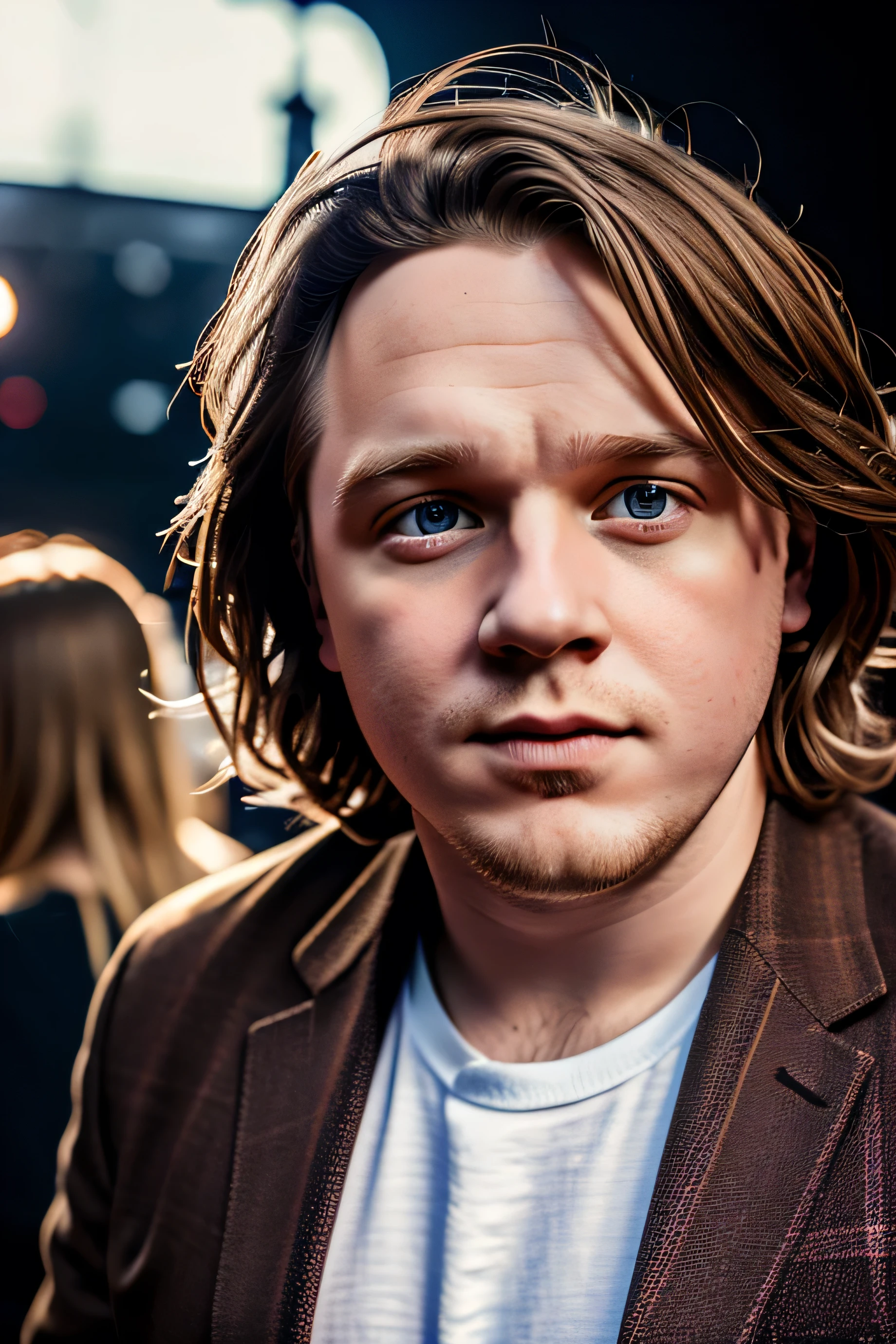 Singer Lewis Capaldi, facing the audience, half body shot, detailed background, detailed representation of the face, detailed eyes, best image, high quality, high resolution, best picture, best quality, random pose, full body portrait, full body shot, hands in his pocket