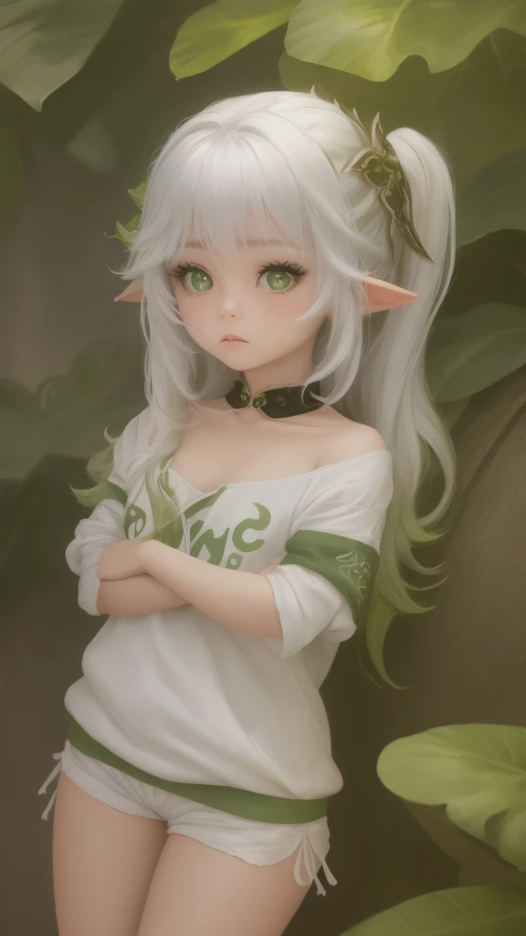 (1 girl one girl:1 girl), solo,_Kim Ji-ni Jennie face,Wear a green armband sweater,Short model,White bandeau inside,green shorts,,sex appeal,cuteness,white legwear,White wall,,FULL-bodyphoto,looks at the viewer,World-weary face,Indifferent eyes,Korean style