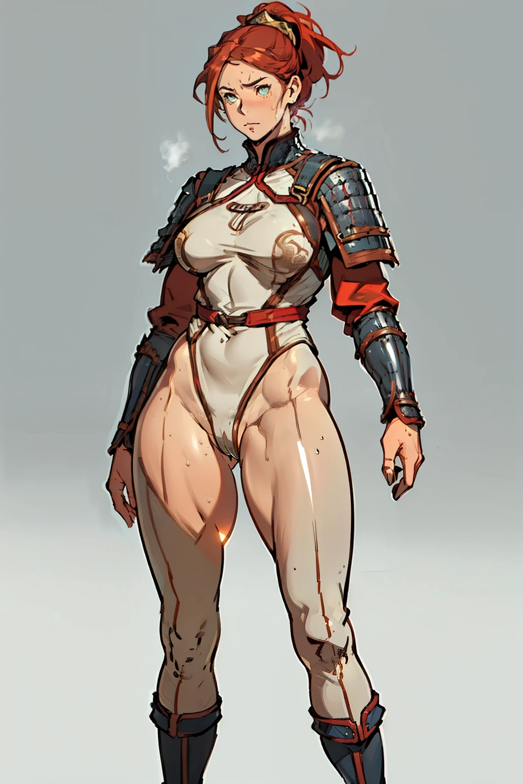 (high resolution, pixel perfect, realistic, gorgeous illustrations), (hyper quality, muste piece, etheric: 1.4), (((solo, 1girl))), wanostyle, ((((aida surugan)))), full body, (((((((stand,open legs)))))), mature woman, cool atmosphere, ((Exquisite face)), (((wide hips))), ((Big breasts that are about to burst)), fighter, (((woman))), ((((wh_chi_armor)))), ((leotard)), ((((cameltoe)))), lewd woman, (shiny skin), ((((gleaming skin)))), (((sweat))), simple background,