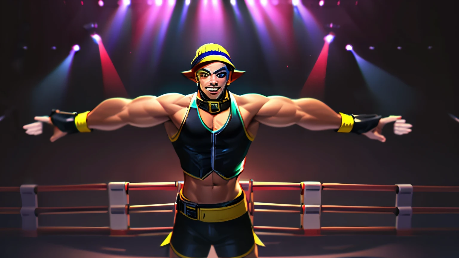 front view, must see abs , open vestedsplash art league of legends style male sett heartsteel, muscular man leather vest with cur collar, red short hair with beanie and cat ears, street wear figerless leather gloves, main colors are black and yellow, alot of straps, open arms in a boxing ring, looking up like just won a fight smiling, high angle